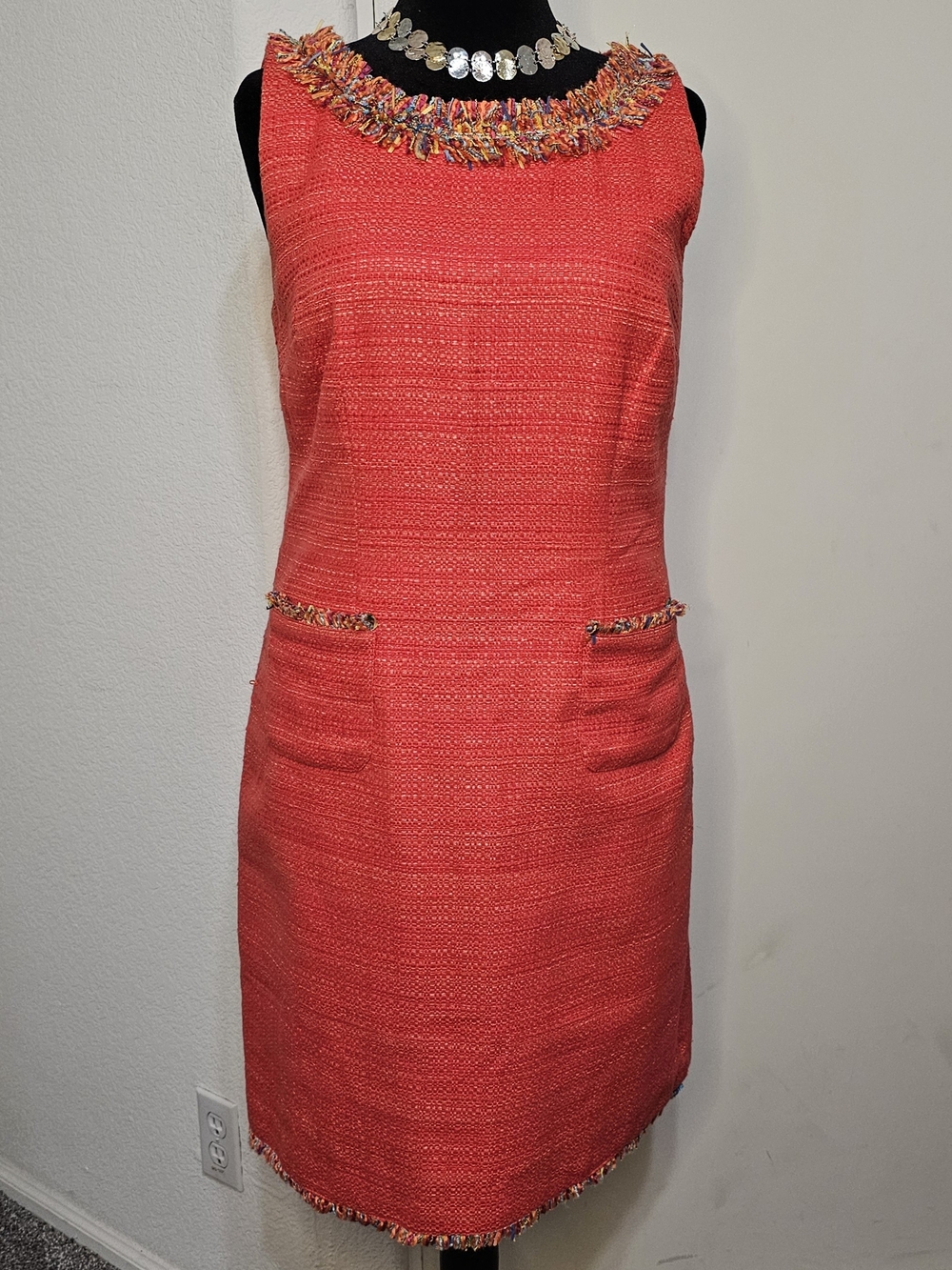 Talbots Textured Tweed Fringe Shift Dress Jackie O Mod Coral Orange Sz 10